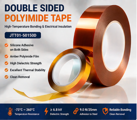Double sided polyimide tape rolls with amber PI film and silicone adhesive for high temperature bonding